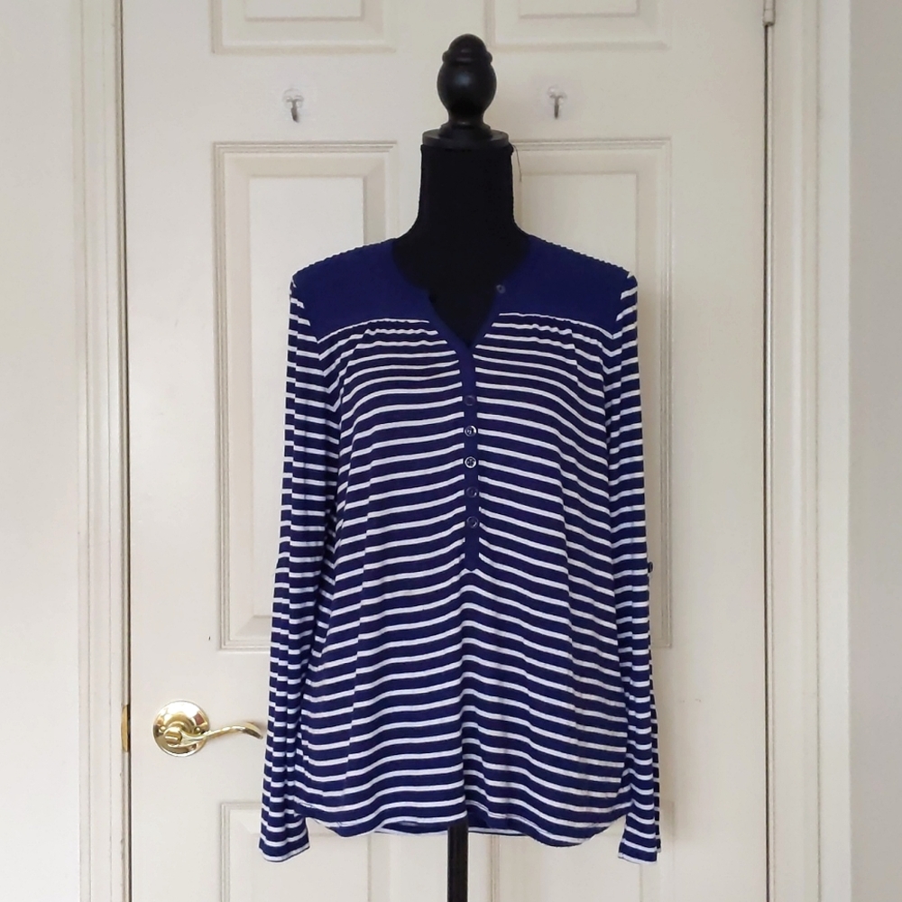 Blue/White Stripes Shoulder Design Half length Buttons Adjustable Sleeve Blouse.